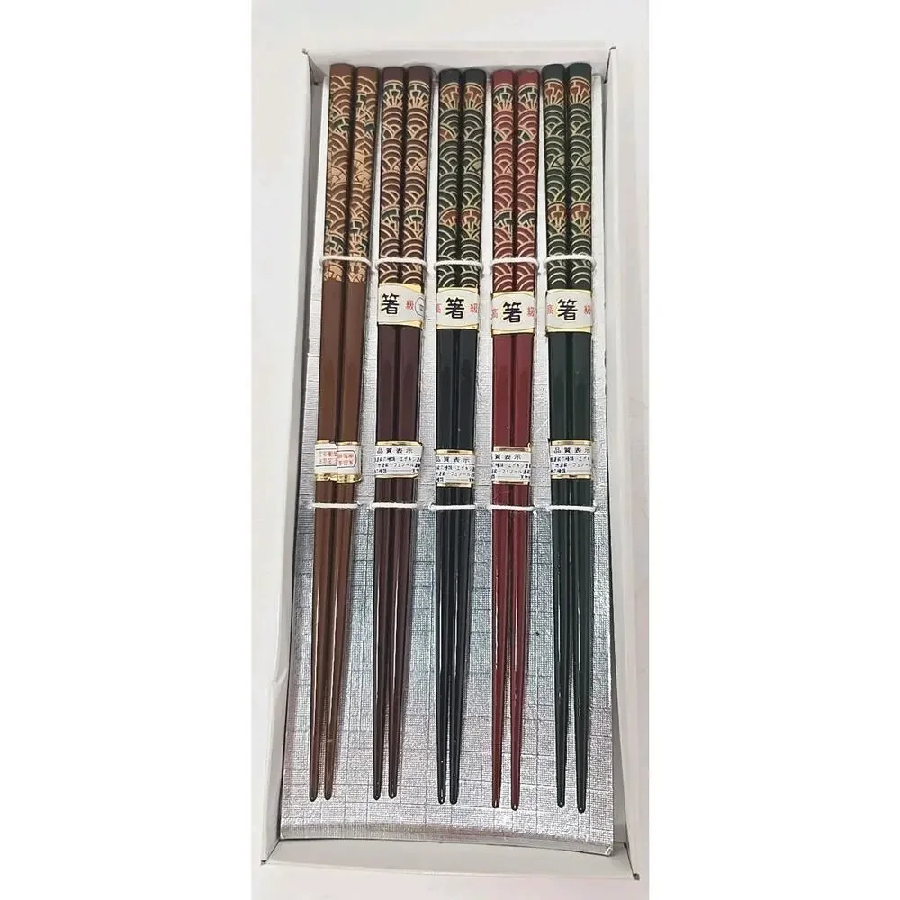 Vintage NOS Made In Japan 5 Pairs Chopsticks Lacquered Floral Pattern U308
